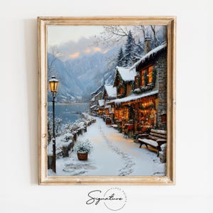 May include: A painting of a snowy village scene with a quaint stone building, a lamppost, and a snow-covered path leading to a lake in the distance. The building is decorated with Christmas lights and greenery.