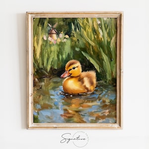 May include: A painting of a yellow duckling swimming in a pond with green reeds and a windmill in the background.