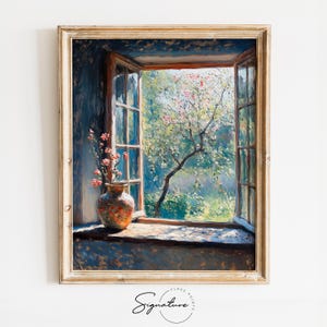 Vintage Open Window Oil Painting Printable - Rustic Impressionist Wall Art, Cottagecore Home Decor, Earthy Decor Accent Print 3847