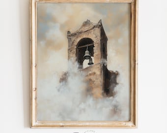 Moody Winter Bell Tower Printable - Vintage Snowy Landscape Painting, Rustic Architecture with Falling Snow, Textured Neutral Decor Art 4102
