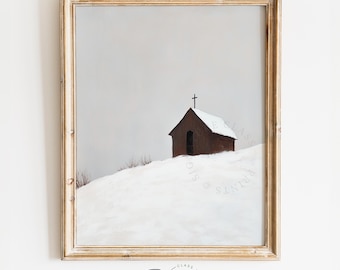 Rustic Winter Chapel Printable Art - Moody Minimalist Snowy Hillside Scene, Serene Rustic Church Decor, Peaceful Digital Download 4118