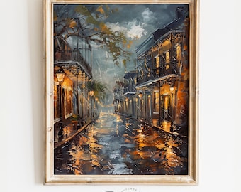 Rainy New Orleans Street Printable Wall Art, Evening Cityscape Scene, Romantic Urban Wall Art, French Quarter Scene, Large Home Decor | 413