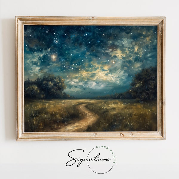 Starry Night Field Walk Printable Wall Art - Rustic Country Path Under Starlit Sky Scene - Large Peaceful Nature Twilight Landscape | 325