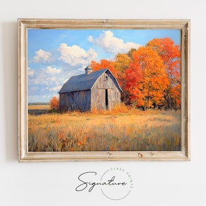 Vintage Rustic Barn Fall Landscape Painting, Autumn Fields Wall Art ...