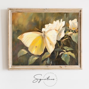 Yellow Butterfly on White Rose - Spring Botanical Printable, Pastel Floral Wall Art, Vintage Nature Painting, Cottagecore Decor 3713