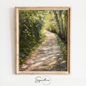 May include: A painting of a path through a forest, with sunlight dappling through the trees. The path is lined with green foliage and the light creates a sense of depth and mystery.
