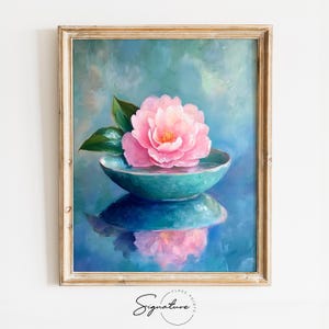 Printable Pink Camellia Oil Painting - Vintage Floral Art, Rustic Cottagecore Decor, Charming Flower Wall Print, Shabby Chic Style 3906