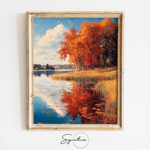 Printable Autumn Trees by the Pond Painting - Rustic Fall Landscape Art, Pond Scene, Earthy Autumn Wall Decor, Digital Art Print 1233