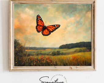Impresión rústica de verano con monarca dorada sobre pastizales antiguos, obra de arte vintage campestre, decoración de naturaleza terrosa, pintura acogedora, arte de pared 3215