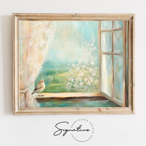 May include: A painting of a window with a bird perched on the sill. The window is open and looks out onto a green field with a flowering tree. The window is framed by a white lace curtain.
