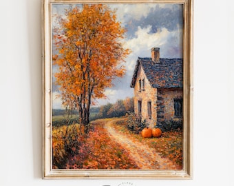 Dorpshuis op herfstwegprint – rustieke herfsttafereel, gezellig huisje herfstdecor, aardse landschap muurkunst, digitale download 1389
