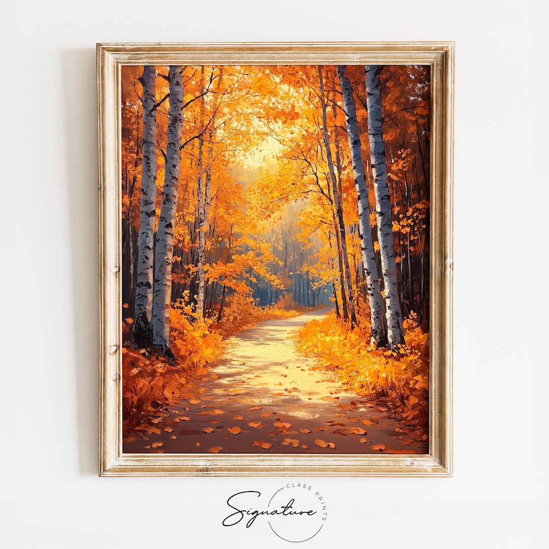Earthy Autumn Forest Path Sunlit Birch Trees, Rustic Fall Wall Art ...