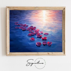 Rote und rosa Rosenblüten auf dem Wasser schweben Gemälde - Cottagecore Dekor, romantische Valentinstag Kunst, digitaler Kunstdruck 3577
