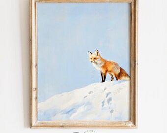 Rustic Red Fox in Snow on Winter Ridge - Cozy Woodland Wall Art, Minimalist Winter Scene, Traditional Painting, Printable Landscape 4108