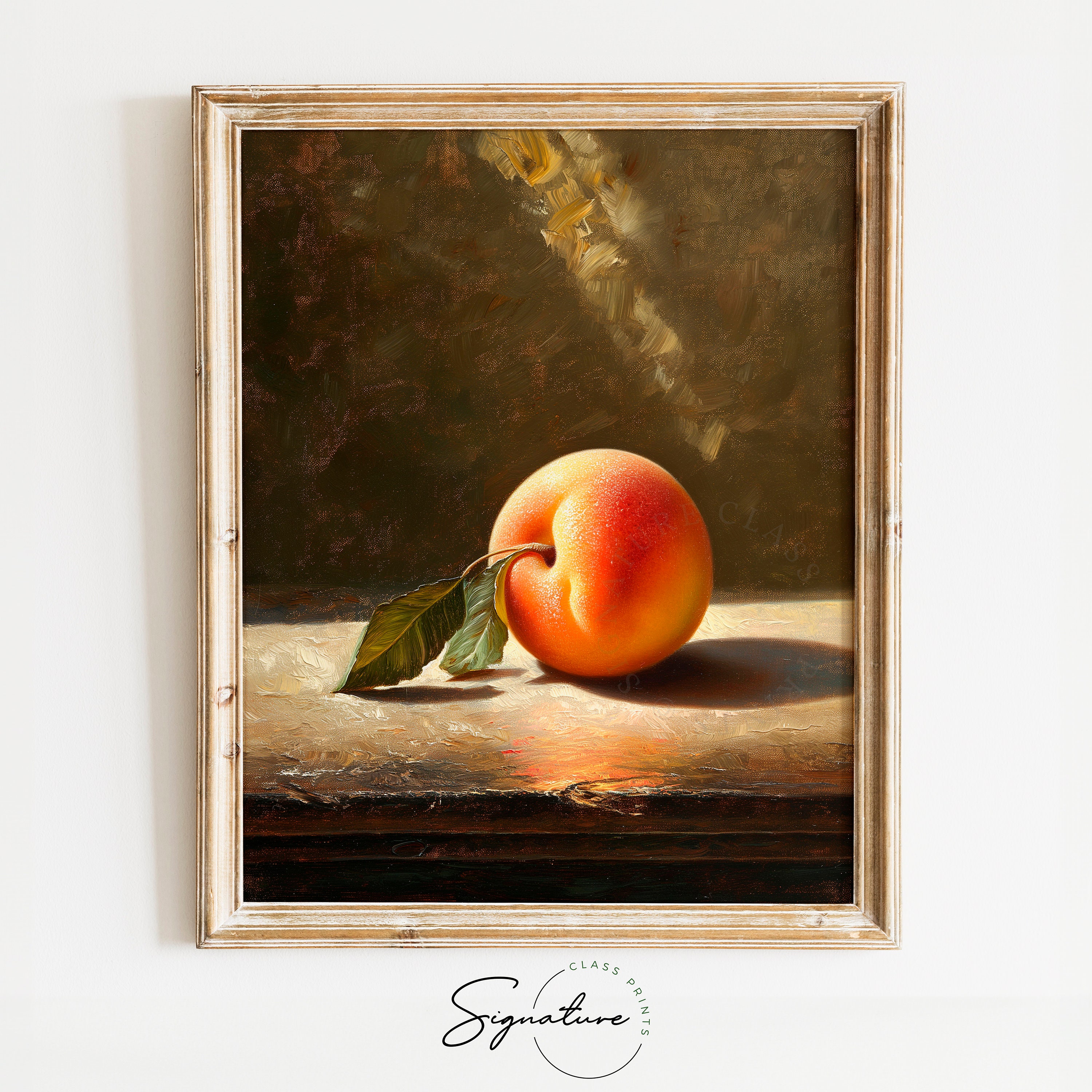 Printable Single Peach on Sunlit Table Painting - Summer Fruit