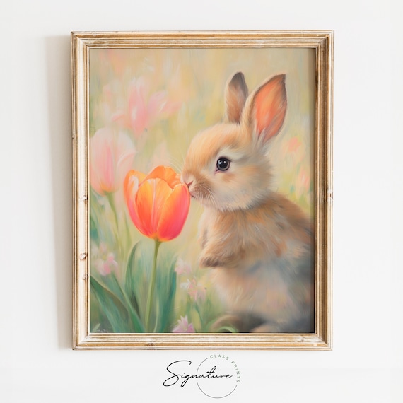Baby Bunny With Tulip in Soft Pastels - Painterly Spring Rabbit