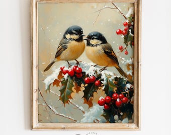 Baby Chickadees with Holly and Berries - Christmas Cottagecore Bird Art, Winter Nature Decor, Vintage Holiday Print, Digital Painting 2122