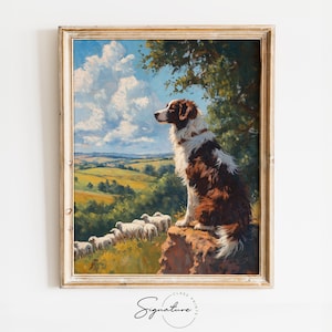 Printable Border Collie Oil Painting - Rustic Farmhouse Animal Art, Country Dog Watching Field Decor, Vintage Style Wall Art 3873