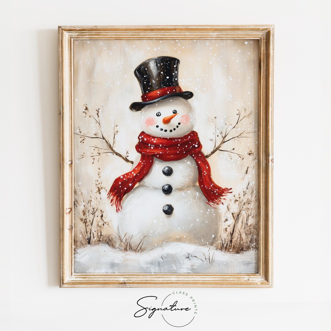 Snowman With Red Scarf and Top Hat - Vintage Holiday Wall Art, Rustic ...