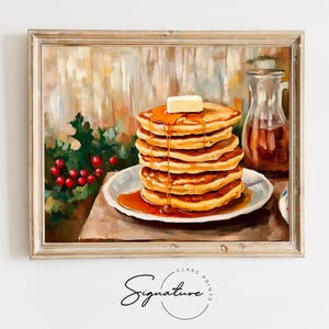 Pfannkuchen mit Ahornsirup und Butter - Rustikale Bauernhaus Weihnachten Küchenkunst, Stimmungsvolle Winterwanddekoration, Urlaubsdruck Gemälde 2753
