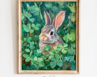 Printable Baby Bunny in Clover Oil Painting - Rustic Spring Animal Nature Wall Art, Cute Cottagecore Nursery Decor, Digital Print 3927