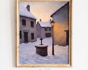 Moody Winter Village Square Painting - Rustic Snowy Landscape with Stone Well, Quiet Vintage Scene, Dawn Light, Printable Wall Art 4098