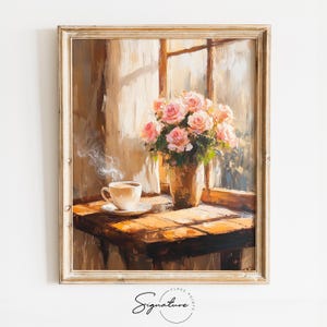 May include: A painting of a still life featuring a cup of coffee with steam rising from it, a bouquet of pink roses in a brown vase, and a wooden table. The scene is set in front of a window with sunlight streaming in.