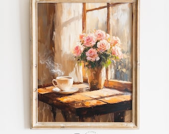 Coffee Shop Window with Roses - Romantic Valentines Day Wall Art, Vintage Cafe Decor, Cottagecore Coffee Table Scene, Digital Print 3546