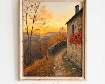 Rustic Autumn Sunset Pathway - Vintage Landscape Wall Art, Cottagecore Country Scene, Printable Fall Decor, Earthy Artwork Print 4080