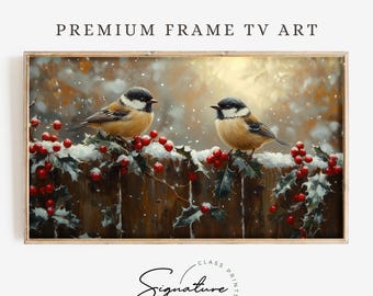 May include: Two small brown and white birds perched on a snow-covered wooden fence with red berries and green leaves. The birds are facing each other and the background is a blurry winter scene.