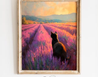Printable Black Cat in Lavender Oil Painting - Rustic Cottagecore Animal Wall Art, Vintage Flower Landscape, Digital Cat Art 3872