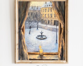 Moody Winter Vintage Street Scene, Cozy Snowy Town Square Oil Painting, European Decor, Warm Candle Glow, Printable Art Download 4106
