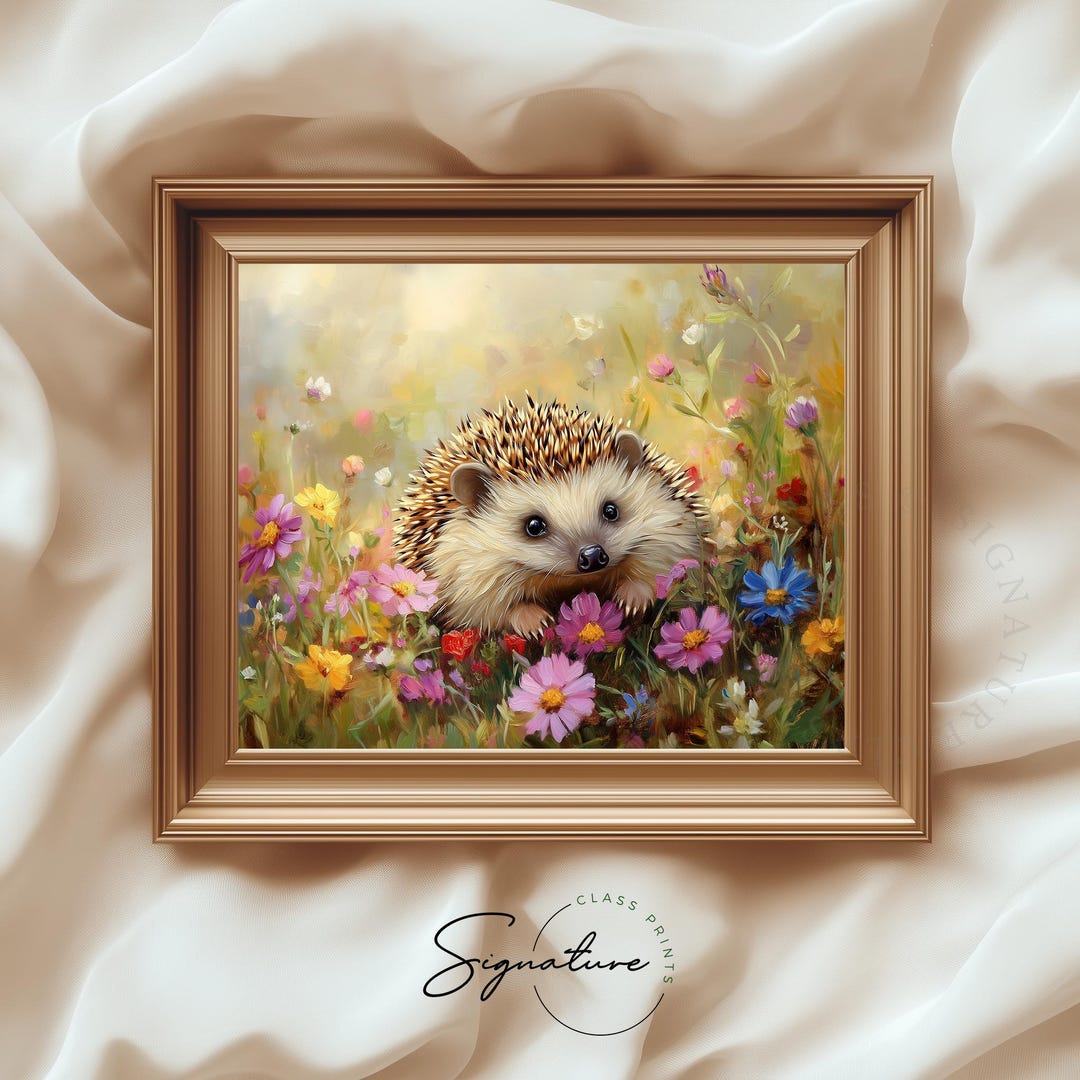 野生の花壇のハリネズミの壁アート - 印刷可能な春の動物の絵画、素朴