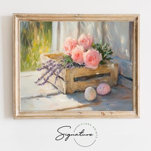Wooden Crate with Roses and Easter Eggs - Spring PRINTABLE, Cottagecore Floral Wall Art, Vintage Farmhouse Painting, Rustic Decor 3765