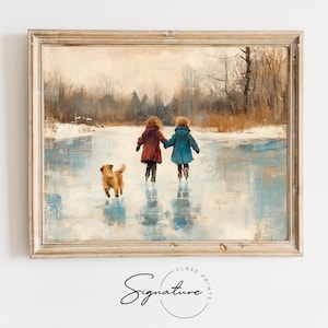 Children Ice Skating on Frozen Pond - Joyful Winter Holiday Scene, Rustic Christmas Wall Art, Cottagecore Winter Decor 2705