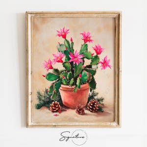 May include: A painting of a potted cactus with pink flowers. The cactus is in a terracotta pot and is surrounded by pine branches and pine cones.