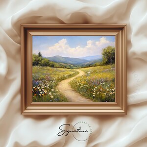Puede incluir: Una pintura de un camino de tierra sinuoso que conduce a través de un campo de flores silvestres. El camino conduce a una cordillera en la distancia. El cielo es azul con nubes blancas.