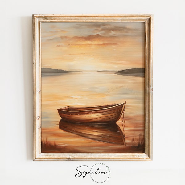 Tranquil Sunset Boat Printable Art - Peaceful Lake Reflection Wall Art for Cabin Living Room, Large Rustic Nautical Wall Decor | 260