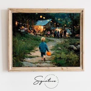 May include: A framed art print depicts a child walking on a path towards a gathering at a lit-up building. The child carries an orange pumpkin. The scene is set in a forest with soft lighting and a warm color palette. The print is signed "Signature Class Prints".