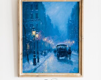 Moody Vintage Winter Paris Street - Horse-Drawn Carriage Scene, Snowy Cityscape Painting, Romantic Cool Blue Palette, Printable Art 4112