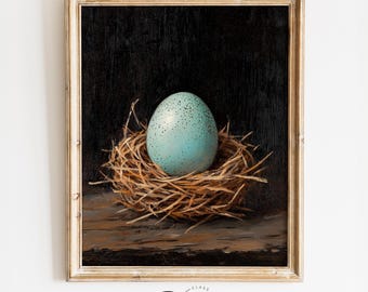 Rustic Robin's Egg Nest Painting - Cozy Nature Wall Art, Printable Spring Decor, Earthy Bird's Nest, Cottagecore Animal Print 3946
