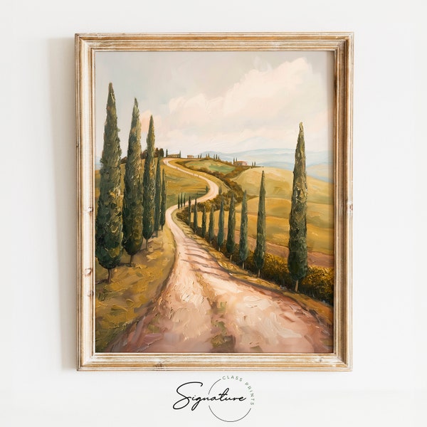 Tuscan Road Tranquility - Cypress Tree-Lined Pathway Art, Printable Rustic Landscape, Warm Toned Wall Decor, Countryside Home Artwork | 273