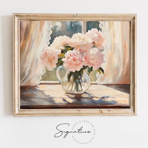 Soft Blush Peonies in a Sunlit Window - Spring Floral PRINTABLE, Cottagecore Painting, Romantic Farmhouse Wall Art, Vintage Decor 3753