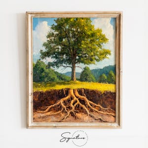 May include: A framed oil painting of a large tree with green leaves and brown roots. The tree is set against a background of a blue sky with white clouds and a green forest. The roots are visible below the ground level.