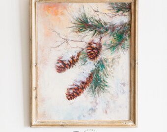 May include: A framed painting of a pine branch with snow-covered pine cones. The background is a soft, muted orange and white.