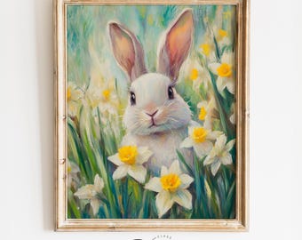 水仙畑の好奇心旺盛な春のウサギ - 印象派のウサギの絵画、コテージ