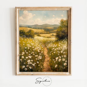 May include: A painting of a path leading through a field of white daisies. The path leads to a distant hillside with green trees and a blue sky with white clouds.