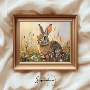Rabbit Sitting in Wildflowers Wall Art - Printable Spring Bunny Painting, Cottagecore Farmhouse Decor, Rustic Animal Artwork Download 3646