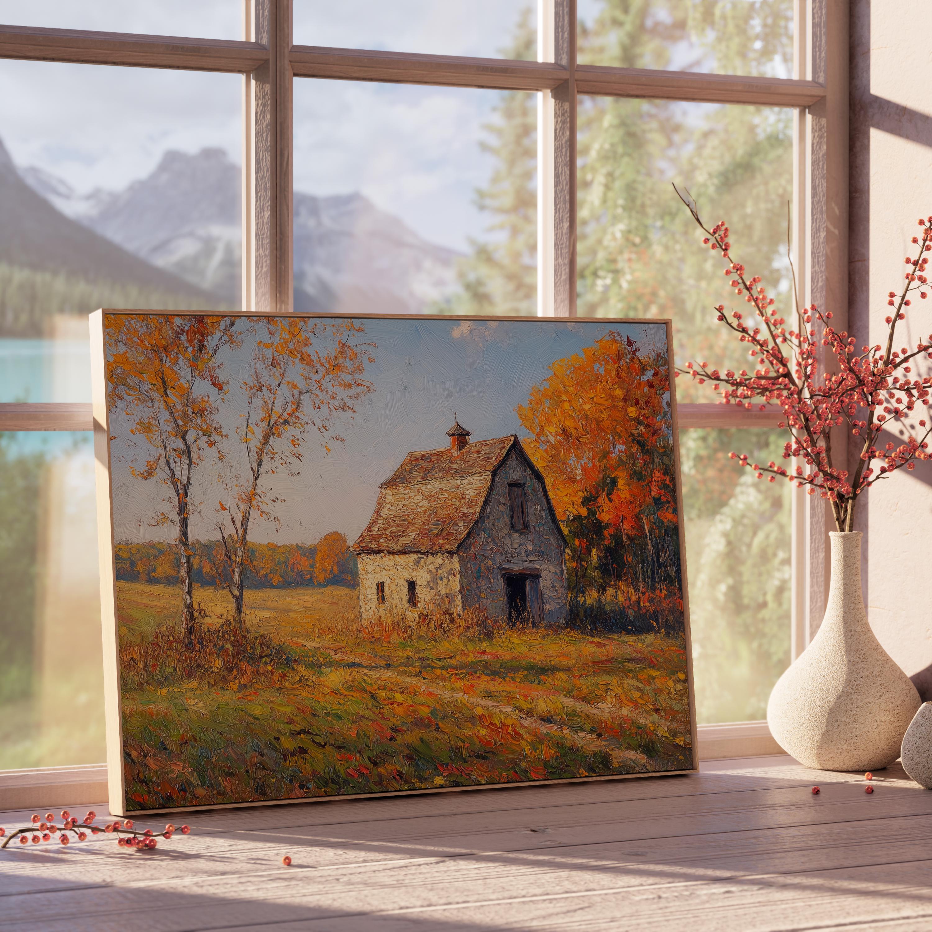 Cozy Rustic Barn Amid Autumn Fields Painting, Earthy Fall Farmhouse ...
