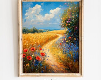 Vibrant Impressionist Meadow in Summer, Cottagecore Wildflower Painting, Warm Earthy Wall Art, Country Landscape Print, Digital Artwork 3673